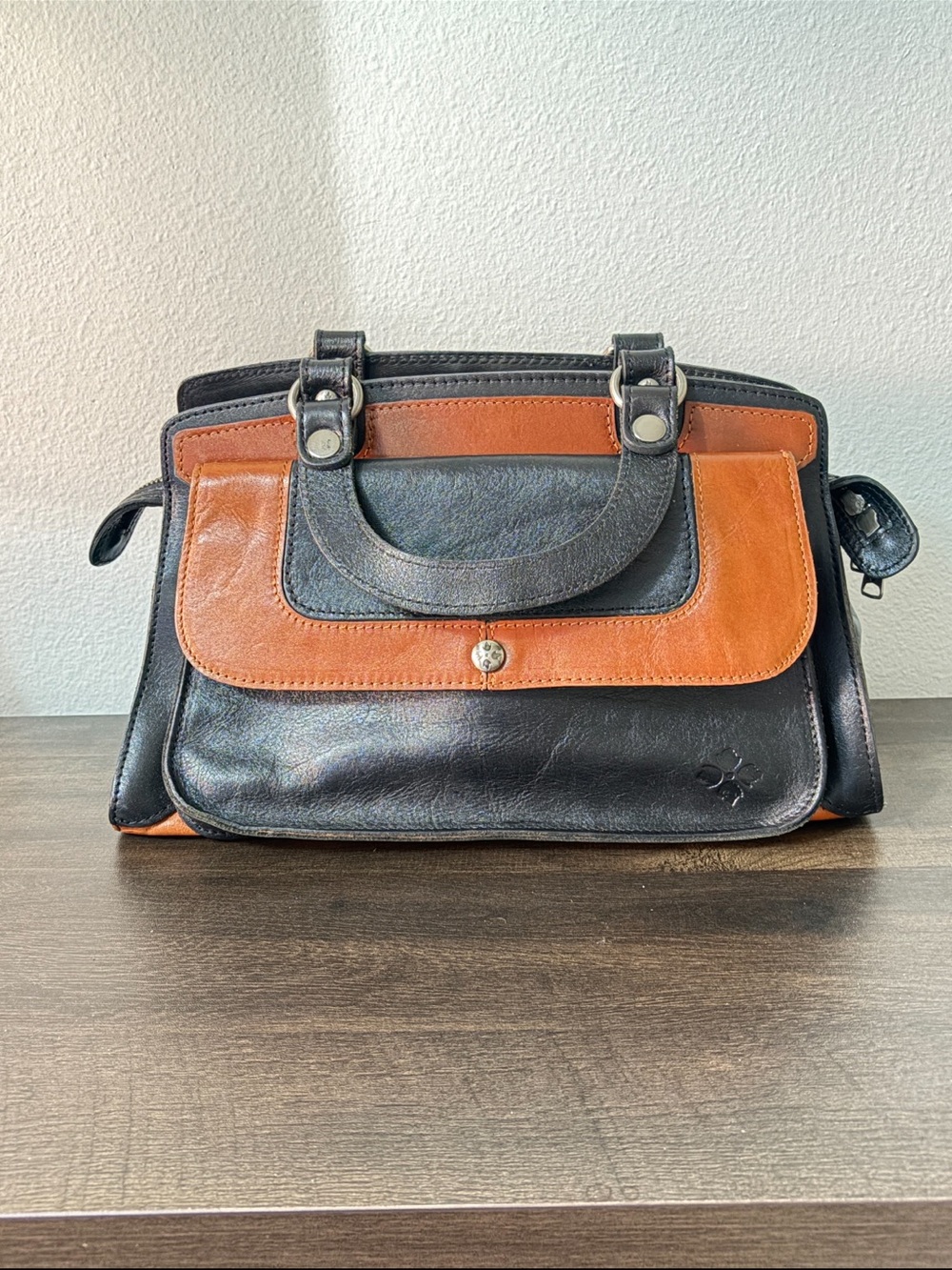 Patricia Nash Black Brown Leather Satchel Handles Doctor Bag Purse Western